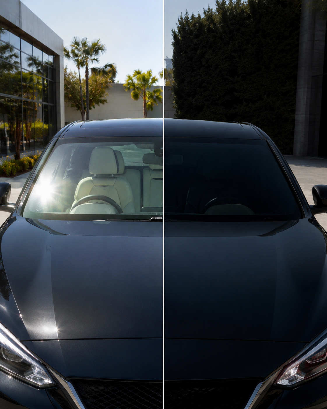 Side-by-side comparison of a car windshield before and after ceramic window tint